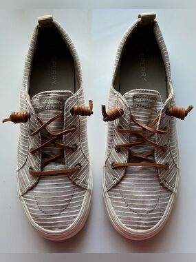 Sperry Beige Striped Canvas Boat Shoes with Brown Laces